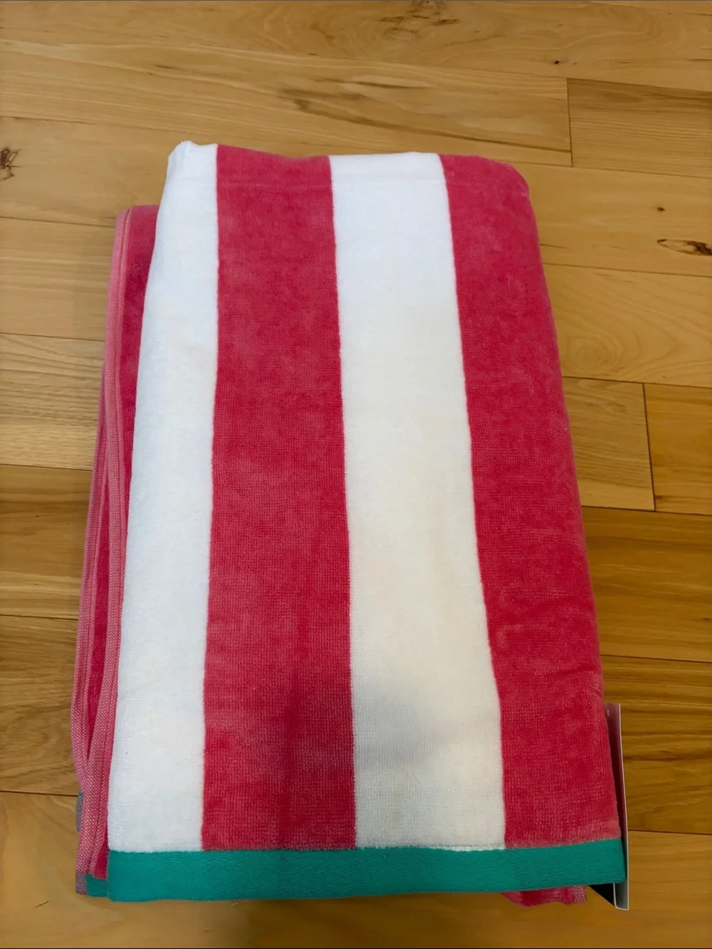 Tommy Bahama Pink Red White Striped Beach Towel with Teal Border